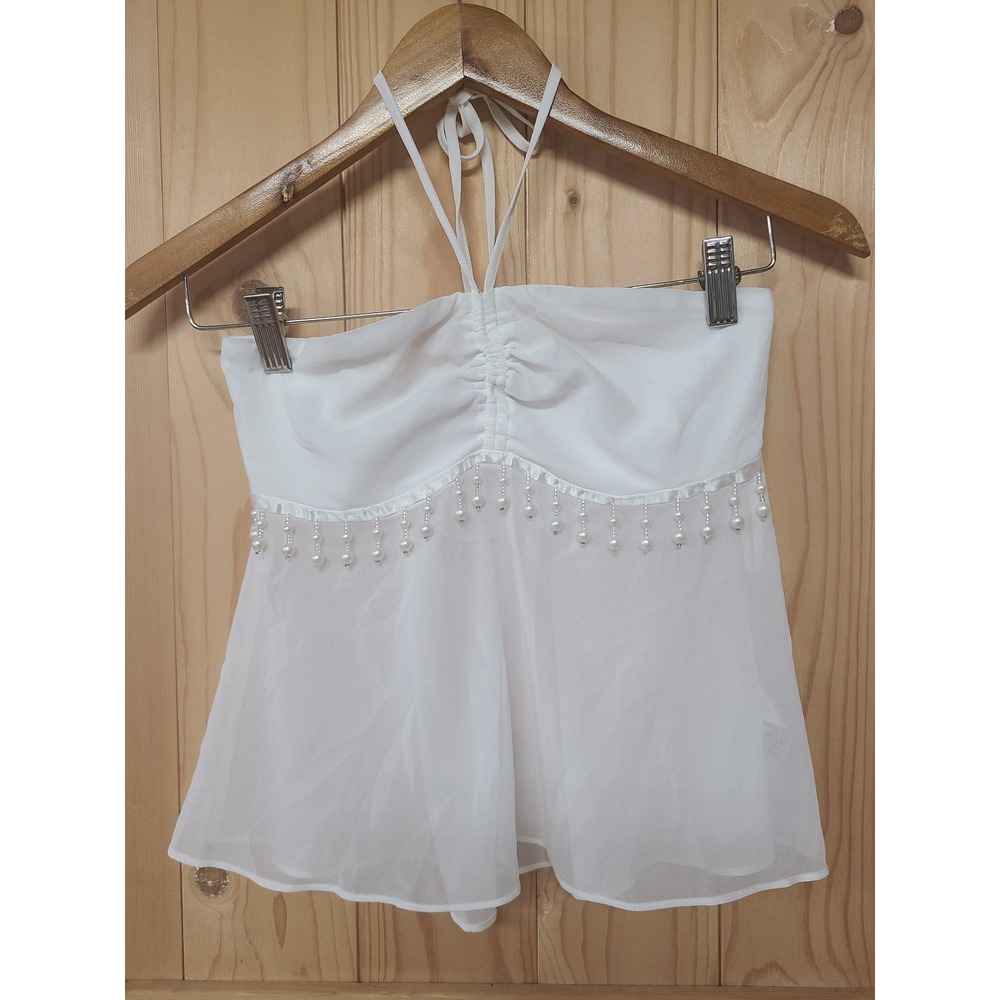 Edikted Halter Top Women XS White Good Pearl Trim Sheer Ruched Smocked Y2K